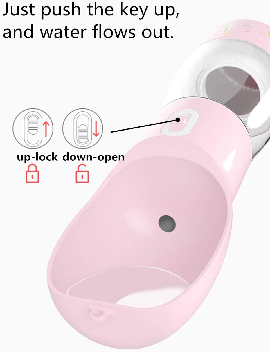 Portable Dog Water Bottle - Leak Proof Dog Water Dispenser with Bowl &amp; Food Container, Dishwasher Safe Food Grade Plastic for Pet Puppy Outdoor Walking Hiking Travel Pink