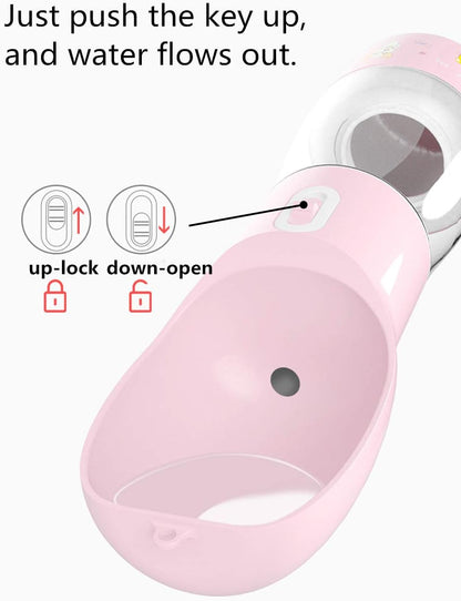Portable Dog Water Bottle - Leak Proof Dog Water Dispenser with Bowl &amp; Food Container, Dishwasher Safe Food Grade Plastic for Pet Puppy Outdoor Walking Hiking Travel Pink