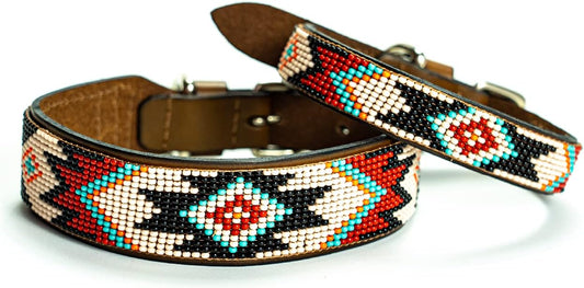 - Phoenix Dog Collar - All Natural Handmade Soft Leather Dog Collar W/Durable Hand Stitched Beads and Embroidery for All Dogs (12-14")
