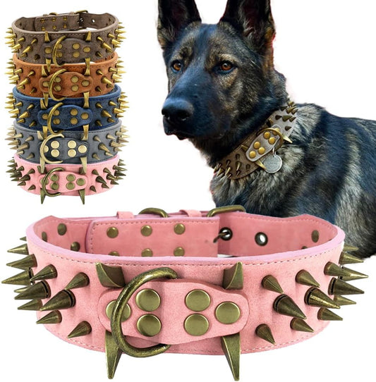 2 Inch Wide Spiked Studded Dog Collar, PU Leather Anti-Bite Protection Collar for Large Dogs, Pitbull Mastiff Bulldog Doberman, Heavy Duty Adjustable Spike Collar (Pink L Neck 19"-24")