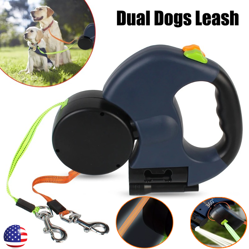 Retractable Reflective Dual Pet Leash Lead 360Swivel Double Dog Walking Leash US
