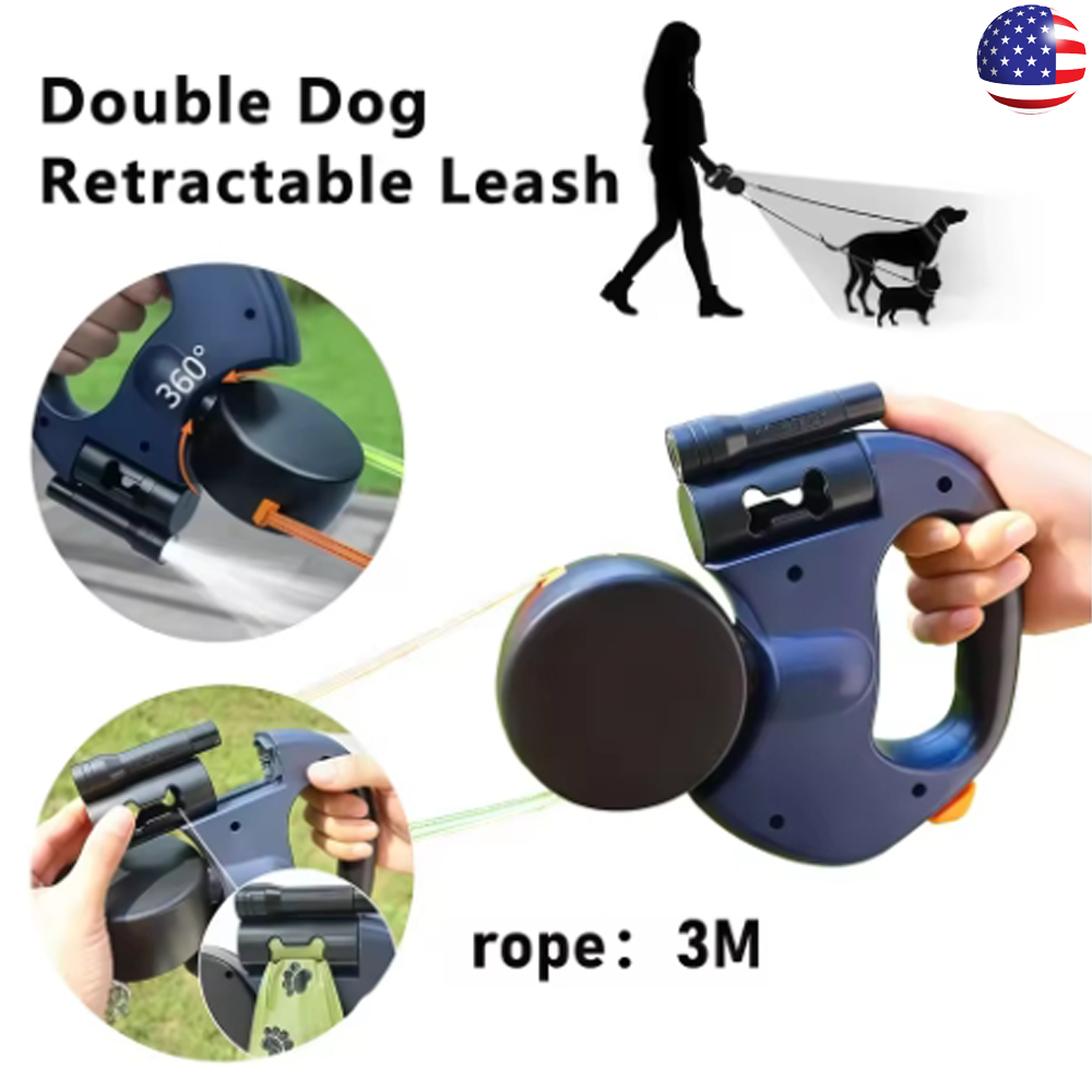 Retractable Reflective Dual Pet Leash Lead 360Swivel Double Dog Walking Leash US