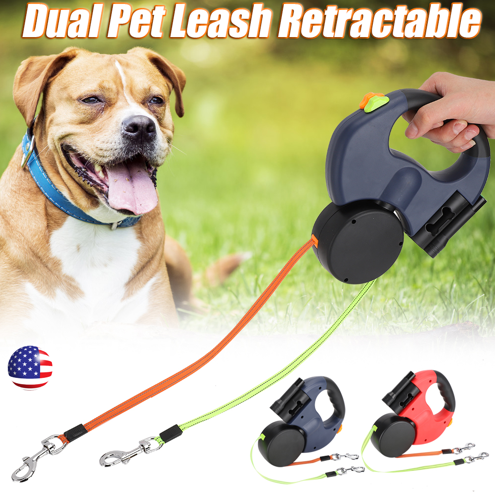 Retractable Reflective Dual Pet Leash Lead 360Swivel Double Dog Walking Leash US