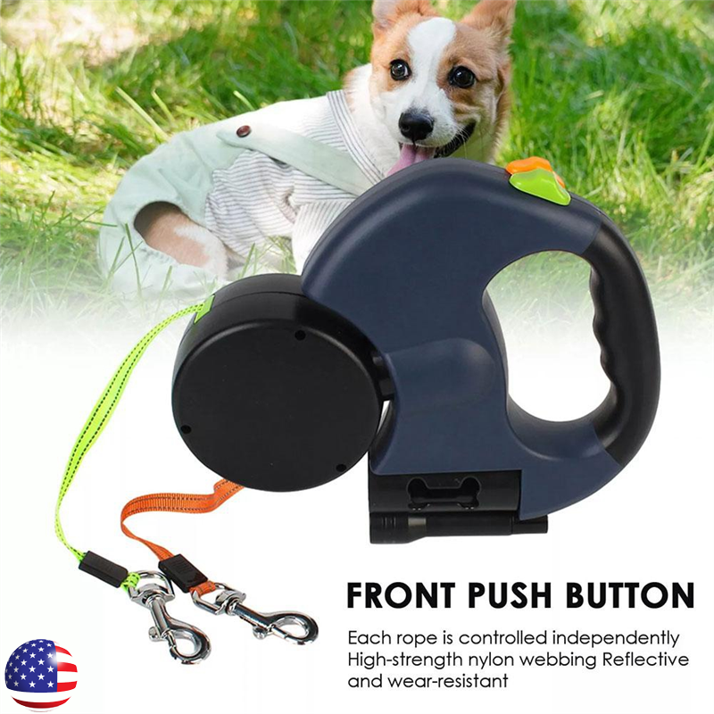 Retractable Reflective Dual Pet Leash Lead 360Swivel Double Dog Walking Leash US